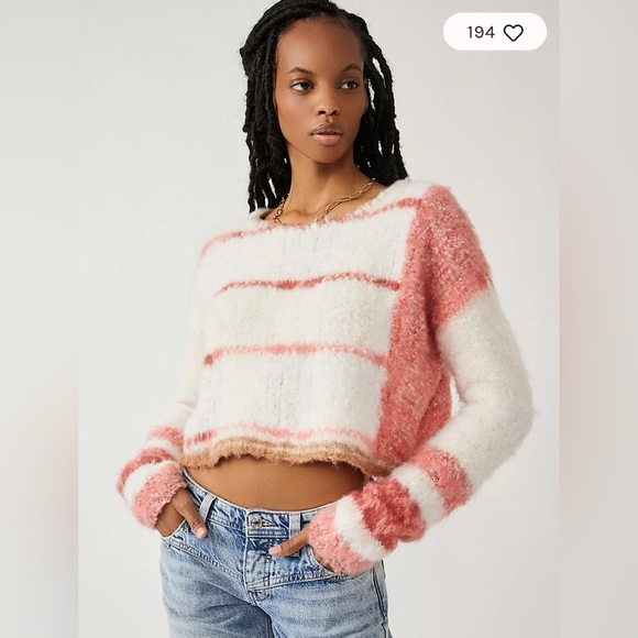 Free People Emerson Fuzzy Pullover Striped Pink and White Women's Sweater - Picture 1 of 5